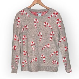 cupcakes & cashmere Tan Sweater with Red and White Candy Cane Pattern.